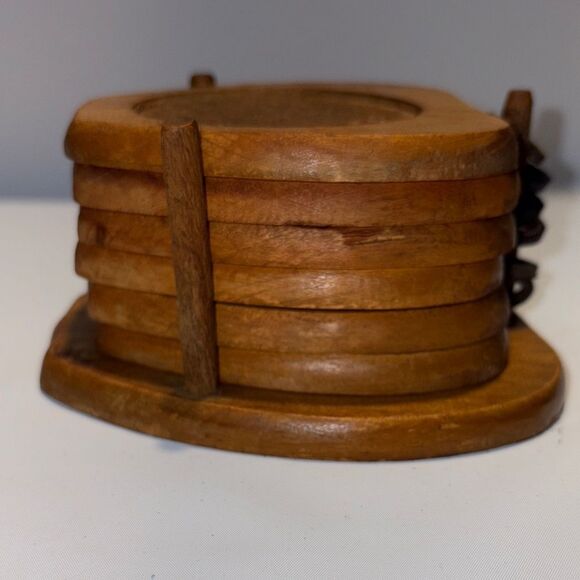 Vintage Wooden Coaster Set with Holder - Picture 5 of 9